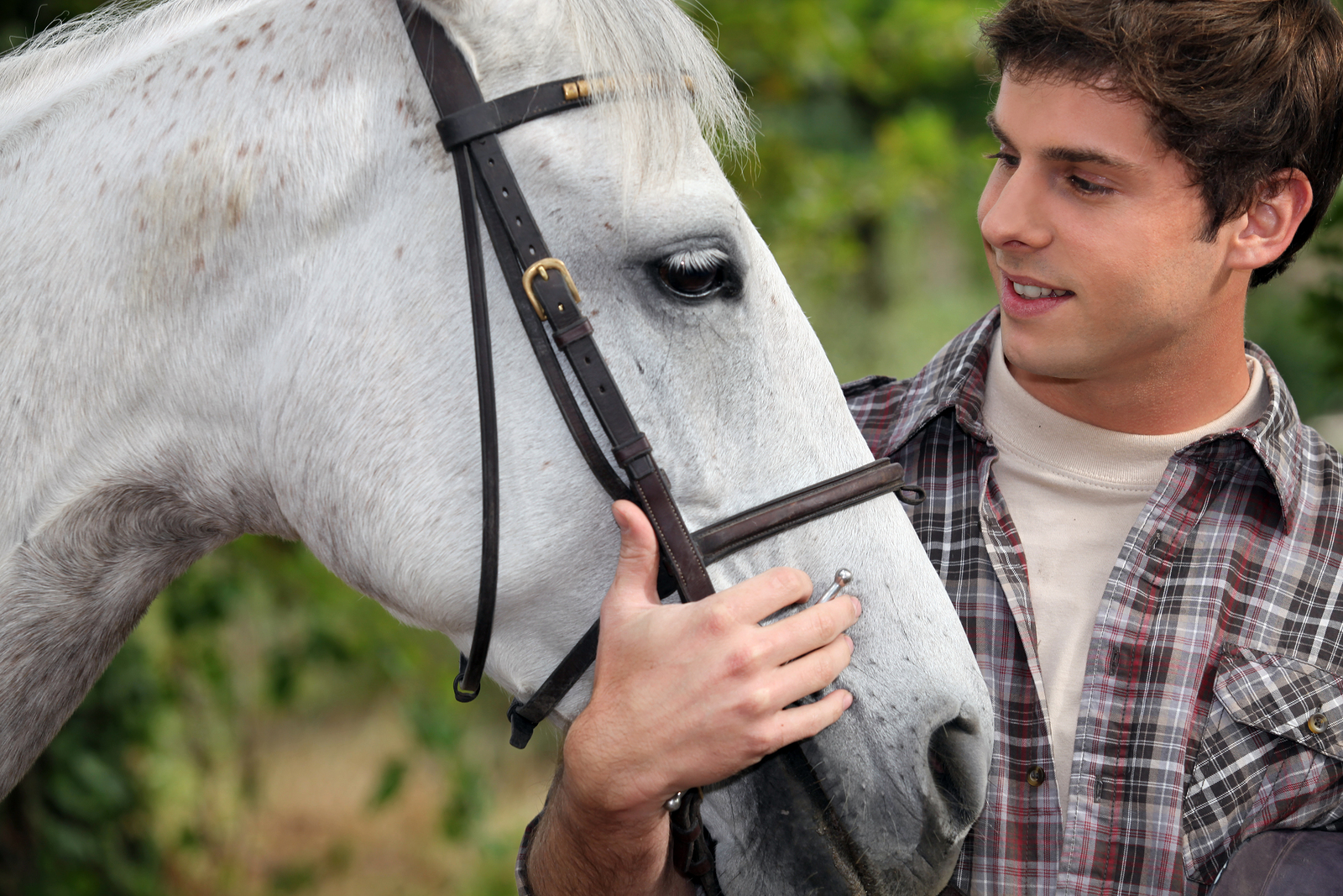 Teen stroking horse