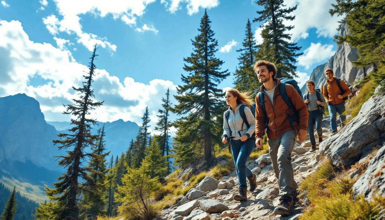 A group of teens hikes together through a stunning mountain wilderness landscape, embodying the spirit of adventure therapy and personal growth. This scene captures the essence of wilderness therapy programs, where young adults engage with nature to develop healthy relationships and overcome challenges.