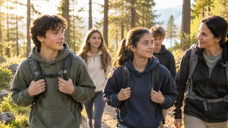 Realistic photo-style image of a small group of three to four teenagers outdoors in a structured program setting, walking together on a trail through a forest with a counselor adult figure nearby. The teens look calm, focused, and purposeful — not distressed. Warm golden light.
