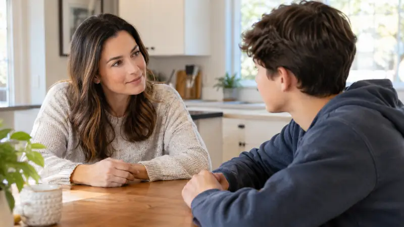 Warm, realistic photo-style image of a parent and a teenage boy sitting together at a kitchen table, both calm and engaged in a quiet conversation. The parent leans slightly forward with an open, patient expression. Natural afternoon light through a window. Clean, middle-class home interior.